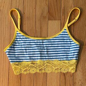 PACT Organic Cotton Soft Bralette Bright Blue with Yellow Stripes Size Med